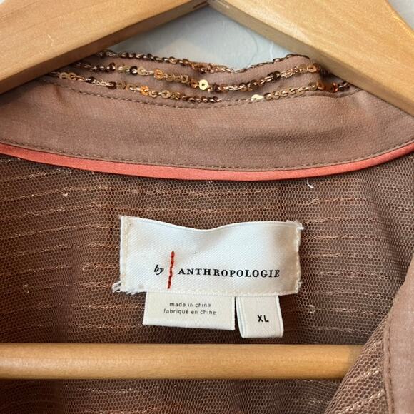 Anthropologie Top Sequin Brown Long Sleeve Remie Button Up Shirt Size XL - Picture 4 of 9